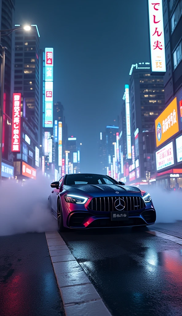 Urban Nightlife: "A Mercedes-Benz W205 cruising through the neon-lit streets of Tokyo. The car's headlights cut through the fog as it speeds past towering skyscrapers. Text: 'Urban Night Runner'."
