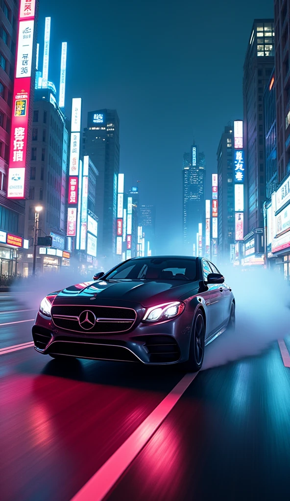 Urban Nightlife: "A Mercedes-Benz W205 cruising through the neon-lit streets of Tokyo. The car's headlights cut through the fog as it speeds past towering skyscrapers. Text: 'Urban Night Runner'."