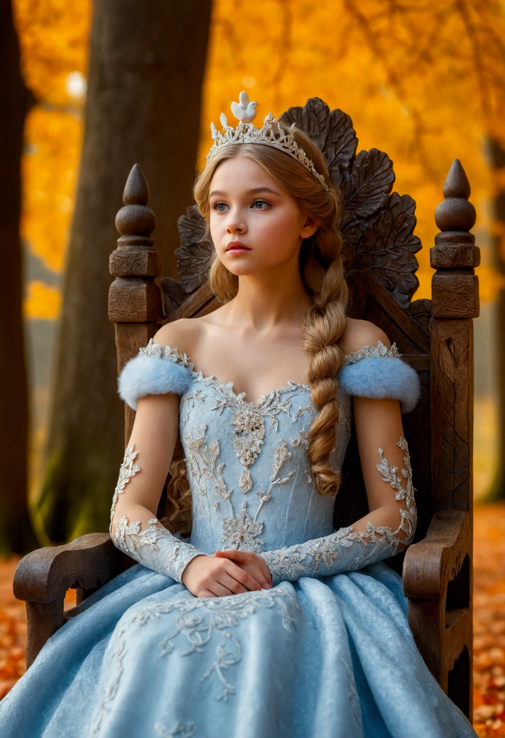 a young girl dressed as a princess, delicate makeup, hairstyle decorations,sits on a throne made of carved oak, Full-length, high resolution. Against the background of an autumn forest, soft lighting, in the distance - a flock of birds, a deep perspective