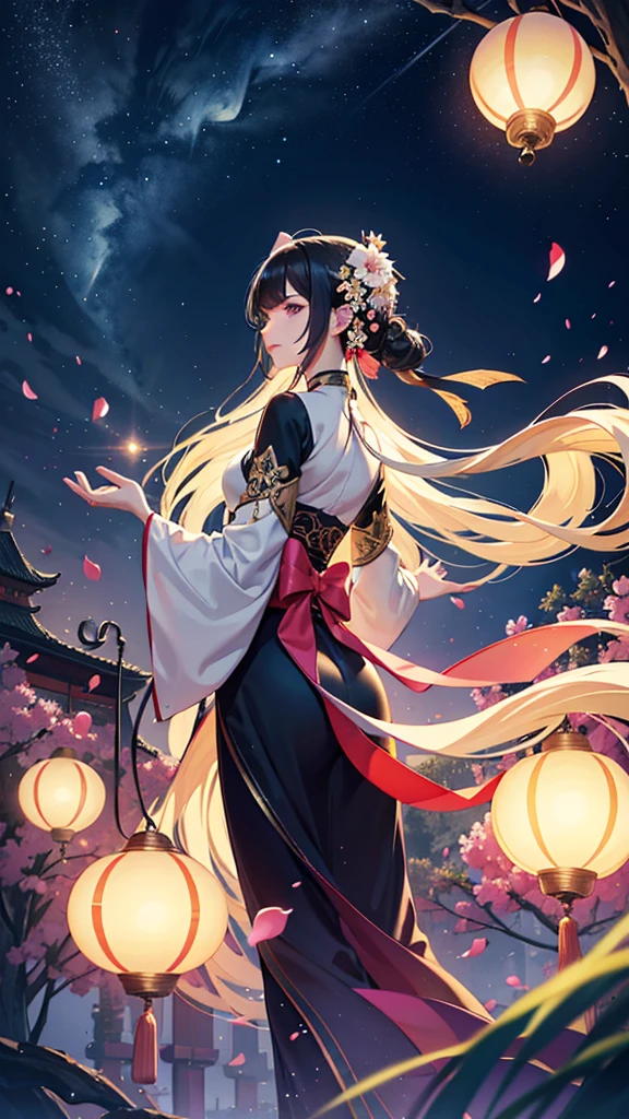 Gorgeous, Dynamic, visual impact, ink painting，watercolor smudge，1 girl, solo, long hair, black hair, hair accessories, long sleeves, flower, outdoor, sky, 毛flower, from behind, sash, contour, make up, night, China costume, Night Sky, light particles, lantern, architecture, paper lantern, Hanfu，1 girl, solo, black hair, hair accessories, long sleeves, Gorgeous silk dress, Pink Silk Hanfu，belt，long sleeves，damask，jewelry, Shut up, permanent, whole body, flower, Good, vague, flower petals, contour, night, China costume, 单Good, Flower-decorated hairpin，Loose long hair，红flower, Night Sky, light particles,Gold jewelry， bead, architecture, updo, Hanfu，light particles，Beautiful light source，high quality, best quality,8K CG, Ultra-detailed, HD, masterpiece, Watercolor oil painting，ink painting，ink painting color dyeing，bling，ancient art，The background is decorated with auspicious clouds and silk ribbons，Elegant and peaceful atmosphere，Concept art illustration，Light painting rendering，Zen style, In line with Chinese aesthetics，The beauty of imaginary artistic conception，Beautiful digital illustration，Pink peach flower petals surround her