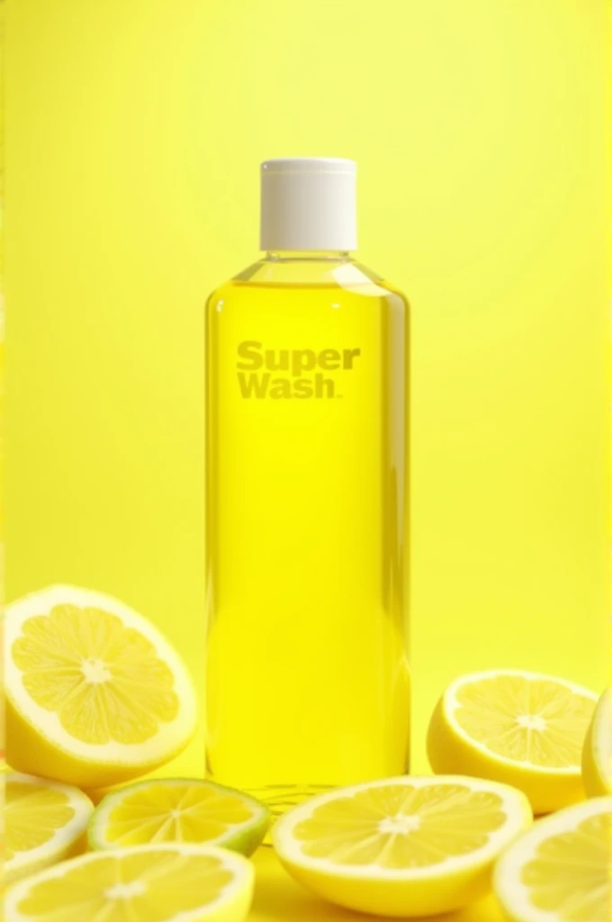 Super wash logo on lamon DISHWASH yellow transparent liquid bottle with lemon background and kitchen