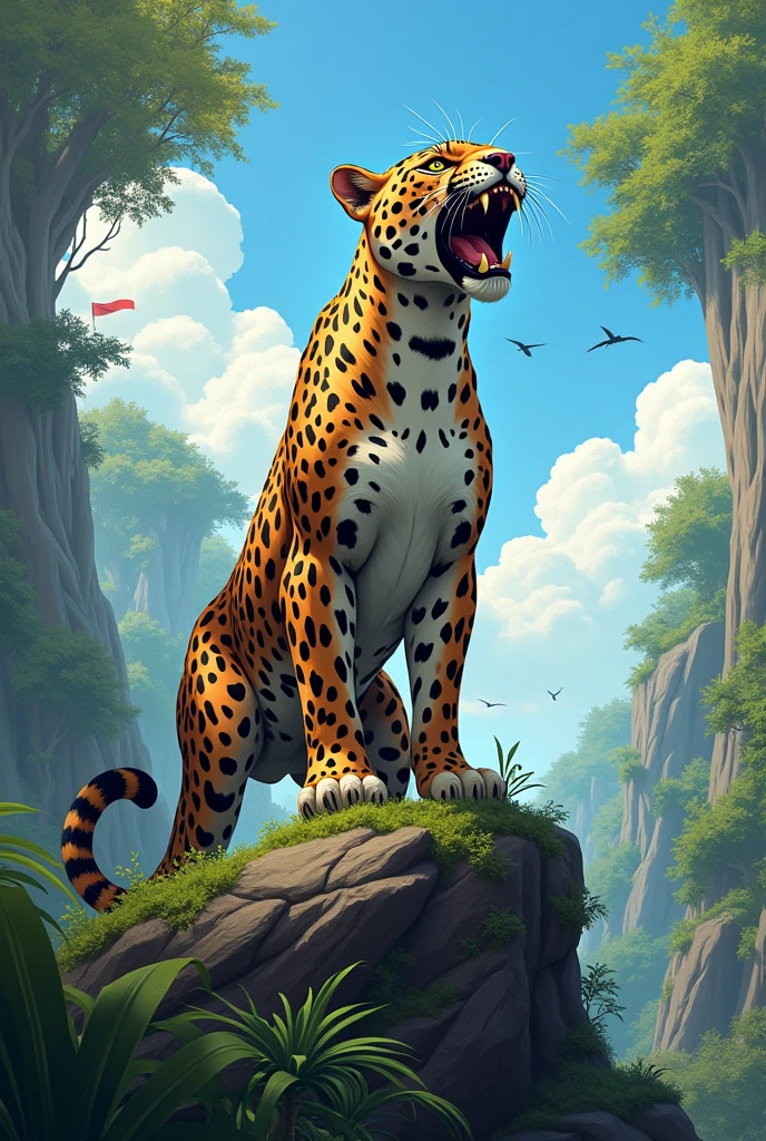 A cute leopard standing on a rock in a lush green forest, roaring loudly with pride. The leopard's roar echoes through the forest as if reminding everyone of the importance of Independence Day. The background includes a bright sky with birds flying, and a faint view of a national flag waving in the distance. The scene is both majestic and symbolic, capturing the spirit of freedom."