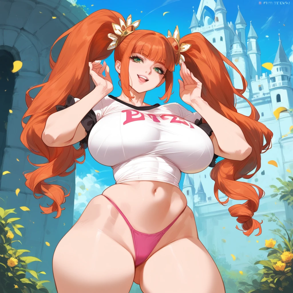 mixed_artstyle, 1 girl, Alone, hands, Pink thong, ptinta eyes, ginger hair ptinta locks, twin tails, realistic, textures, 8K, perfect hand, perfect anatomy, visible curves, ,Standing pose,, ,castle