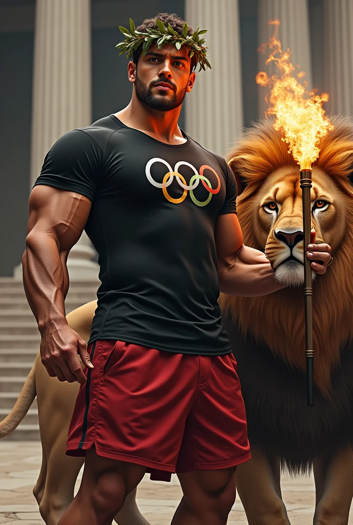 Create an image of the Greek god Hercules wearing a laurel wreath and a black t-shirt with the colors of the Olympics and his right paw is on an Olympic torch next to a lion.