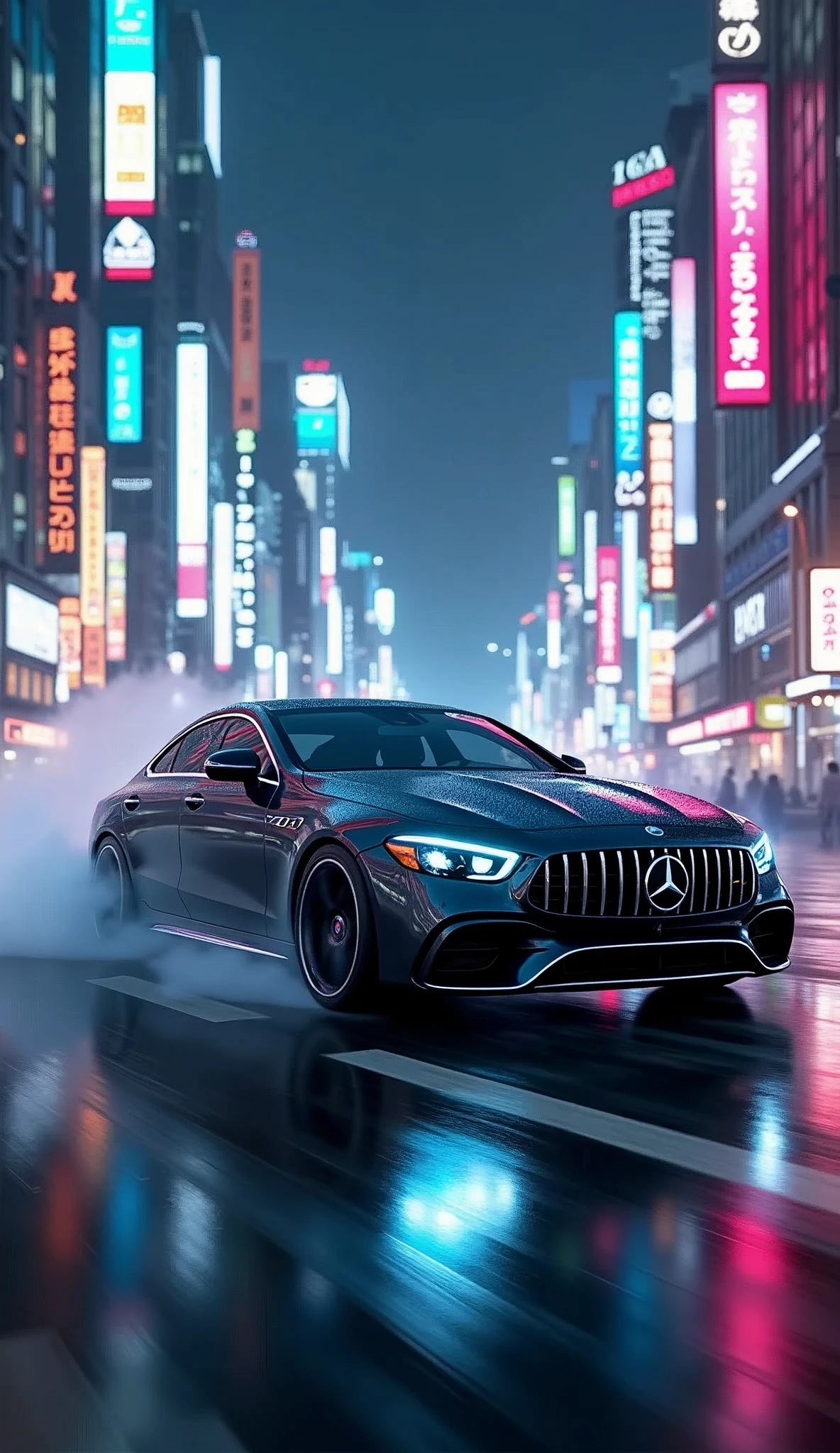 Urban Nightlife: "A Mercedes-Benz W205 cruising through the neon-lit streets of Tokyo. The car's headlights cut through the fog as it speeds past towering skyscrapers. Text: 'Urban Night Runner'."