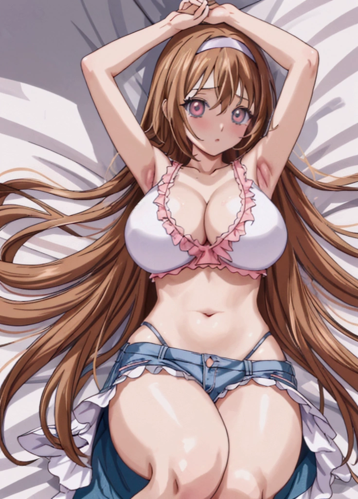 (Anime artwork, Anime Style, Studio Anime, Very detailed, up to date, Vibrant, Anime Coloring Book, High Contrast, masterpiece:1.2, Highest quality, Best aesthetics), (Beautiful and detailed eyes:1.2), Ayumumo,Alone, Straight Long Hair, Large midchest, hair band, Wearing short, tight, ripped jeans, Wearing a frilly tank top, Cleavage,blush, Lips parted, liar, On the bed, Lie down with your arms up, From above, No pants,Asymmetrical bangs, Perfect Proportions, Skin with attention to detail, cute, Detailed face,