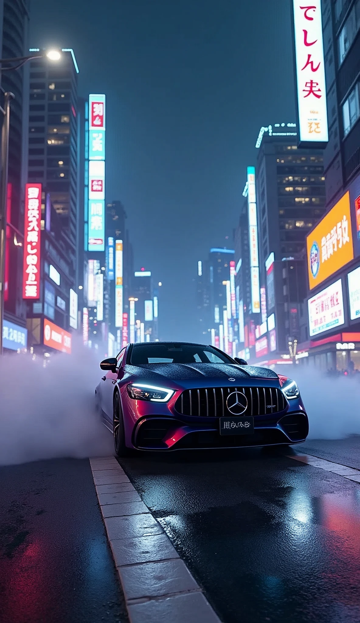 Urban Nightlife: "A Mercedes-Benz W205 cruising through the neon-lit streets of Tokyo. The car's headlights cut through the fog as it speeds past towering skyscrapers. Text: 'Urban Night Runner'."