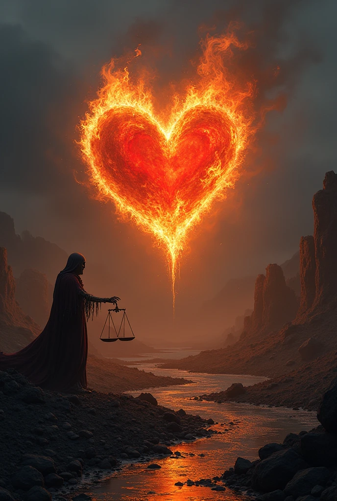 3. **"Constant love beyond death" by Francisco de Quevedo:**
- **Idea for drawing:** Imagine a scene where a burning heart floats above a desolate landscape, surrounded by ashes. The fire of the heart continues to burn brightly, Even though everything around him is cold and gloomy. A dark and frozen river tries to put out the fire, but the flames persist. In the background, a skeletal figure holds a scale, representing death, but the heart keeps beating strongly, showing that love transcends death.