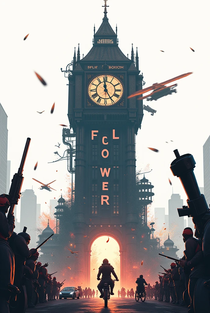 There is a title "FELLOWERS" on a very big clock on the road. Guns, swords, knifes, bikes, cars and horses are also on the road. White background with a 3d, Aesthetic, Sci-Fi poster. Some blurry bullets passing over the title "FELLOWERS".