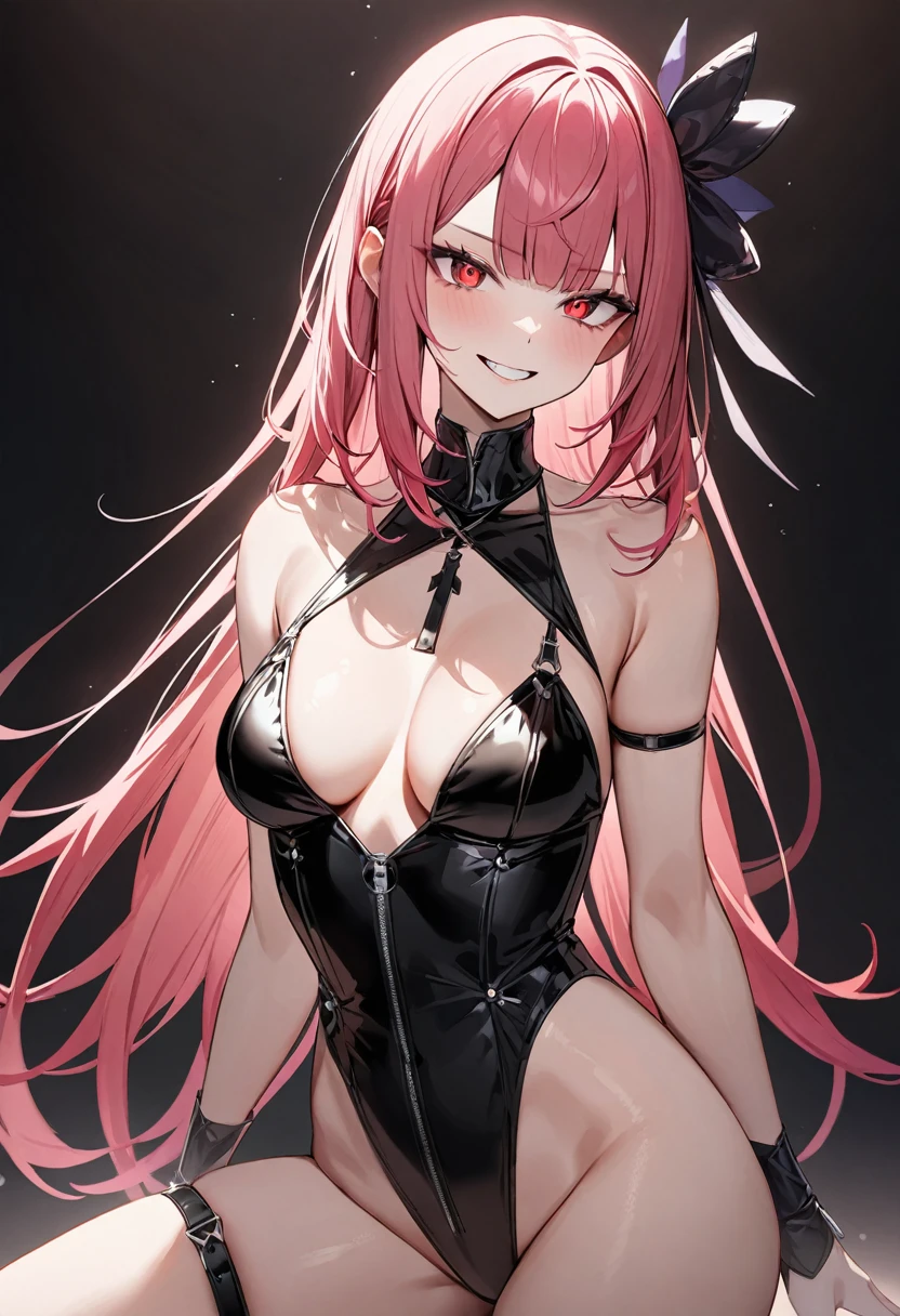 (masterpiece, top quality, very aesthetic, 4k、illustration), intricate detail, 1woman,solo,contrapposto 、Strong glowing eyes、,(upper body)、grin、(bdsm、Erotic),beautiful face、(fluorescence pink gradient hair)、multicolored hair,hair ribbon,middle hair,sidelock ,red eyes、Drug Queen、dominatrix、medium breasts、slender 、