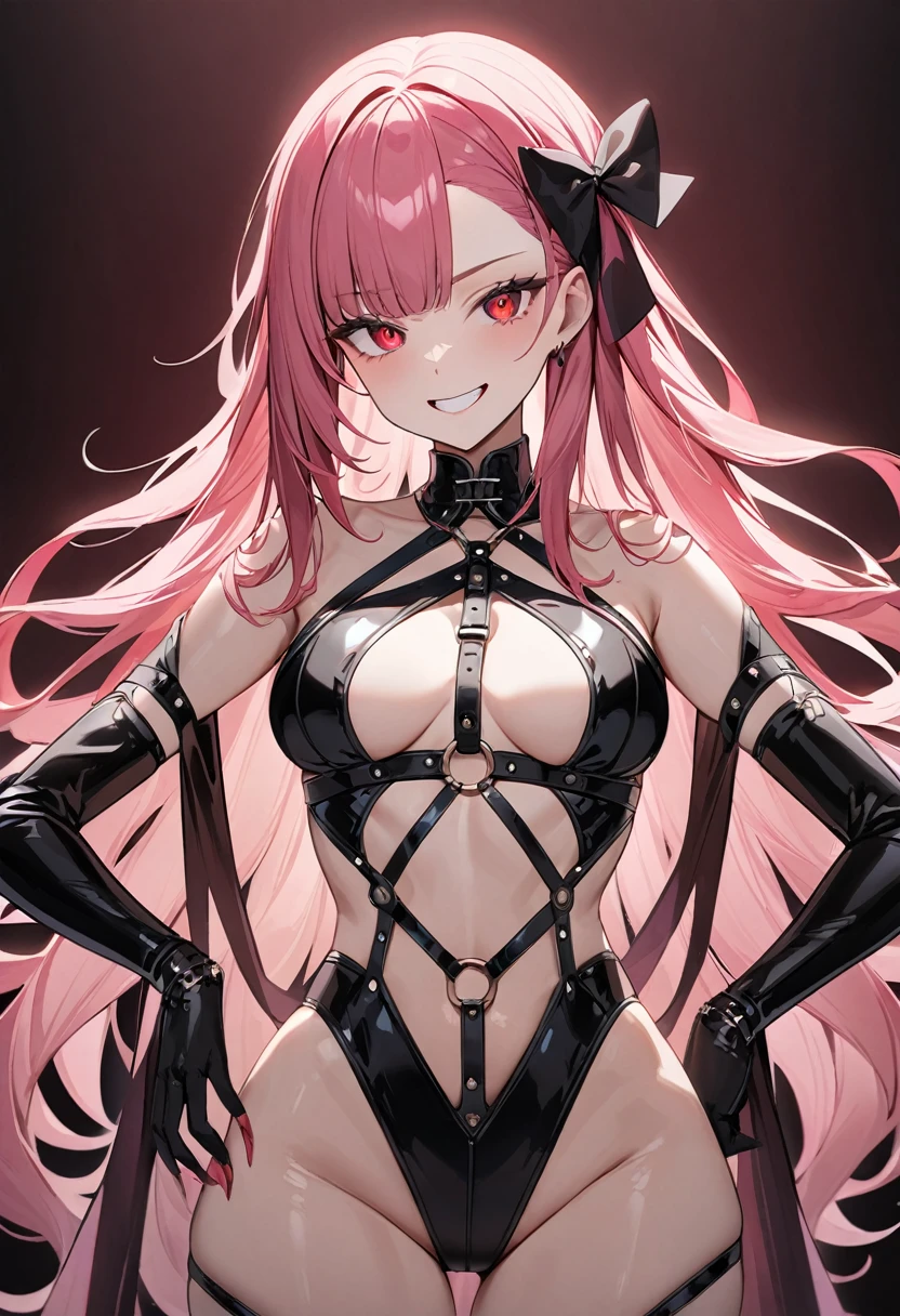 (masterpiece, top quality, very aesthetic, 4k、illustration), intricate detail, 1woman,solo,contrapposto 、Strong glowing eyes、,(upper body)、grin、(bdsm、Erotic),beautiful face、(fluorescence pink gradient hair)、multicolored hair,hair ribbon,middle hair,sidelock ,red eyes、Drug Queen、dominatrix、medium breasts、slender 、