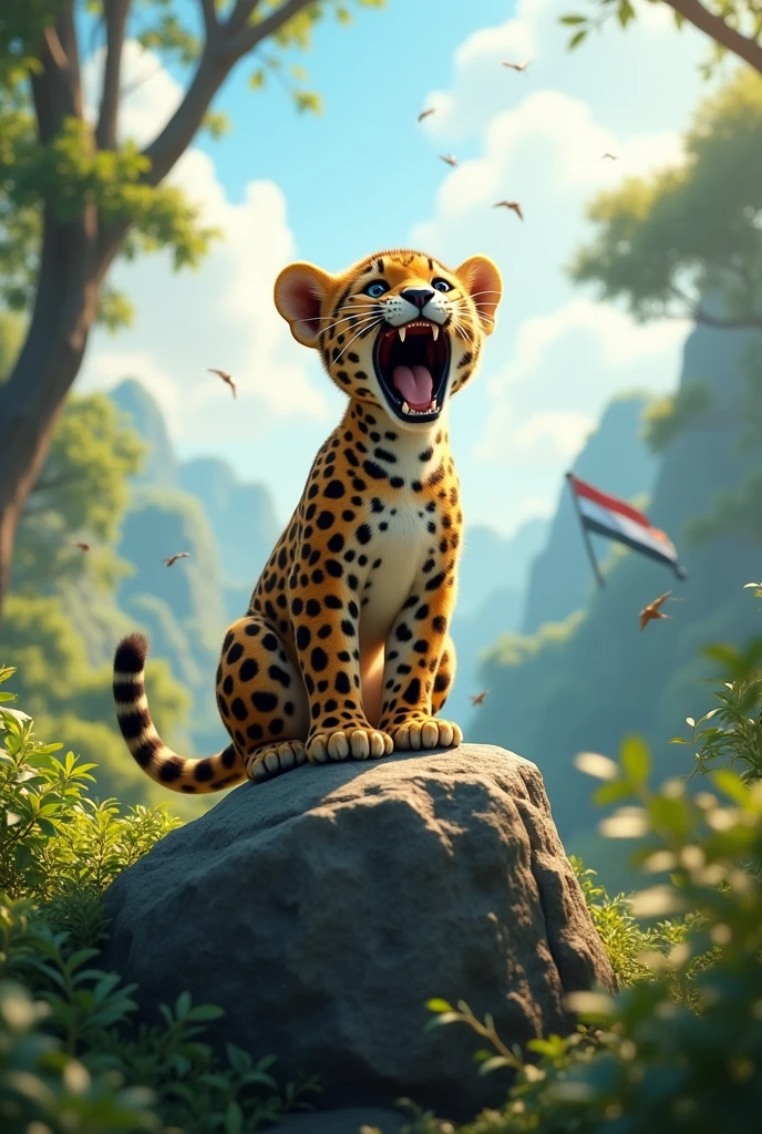 cute baby leopard standing on a rock in a lush green forest, roaring loudly with pride. The leopard's roar echoes through the forest as if reminding everyone of the importance of Independence Day. The background includes a bright sky with birds flying, and a faint view of a national flag waving in the distance. The scene is both majestic and symbolic, capturing the spirit of freedom."