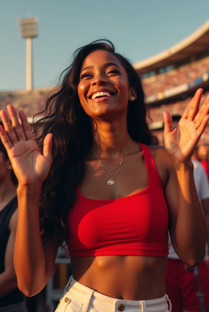 hyper realistic portrait of skai Jackson, 19 years old, with long flowing black hair and brown eyes. She should have a natural, approachable expression and be lit by soft, golden light, canon eos r5, raw format, cheering at the olympics, sitting in crowd, red crop top, white pants