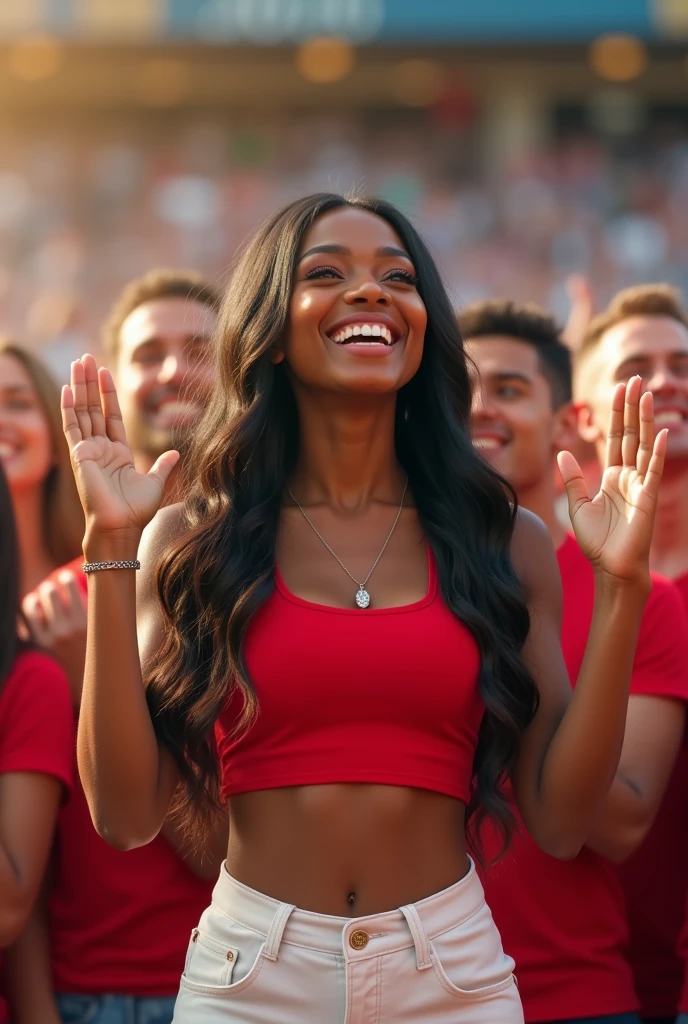 hyper realistic portrait of skai Jackson, 19 years old, with long flowing black hair and brown eyes. She should have a natural, approachable expression and be lit by soft, golden light, canon eos r5, raw format, cheering at the olympics, sitting in crowd, red crop top, white pants