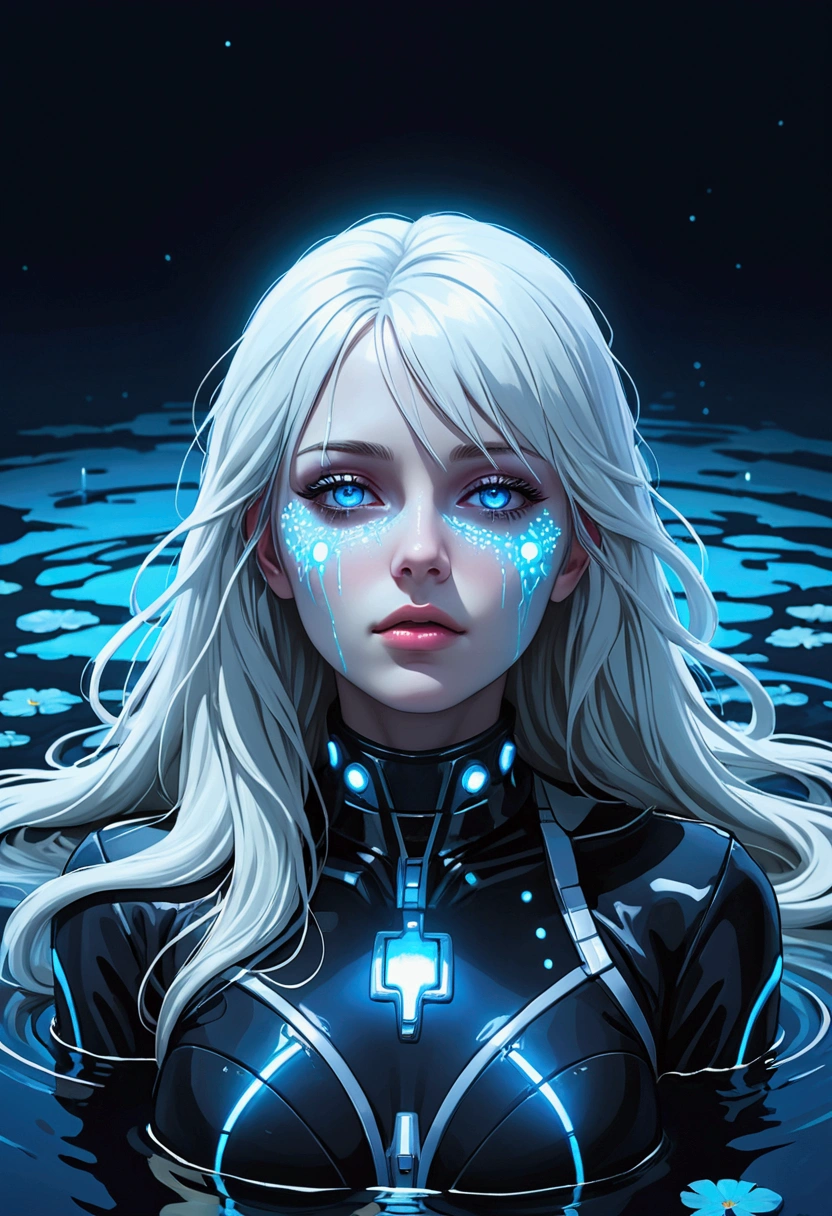 ((best quality)), ((masterpiece)), (detailed), total body, perfect face, a beautiful woman with white long hair and a sky blue reflection, she has a tufted fringe, she has sky blue eyes, she has total black cyber suit clothes with some neon sky blue lights on it, cyber line on her face, she is suffering and dying lying in the water in a pond, in the night with skyblue lights, she has fatal injuries. total body.