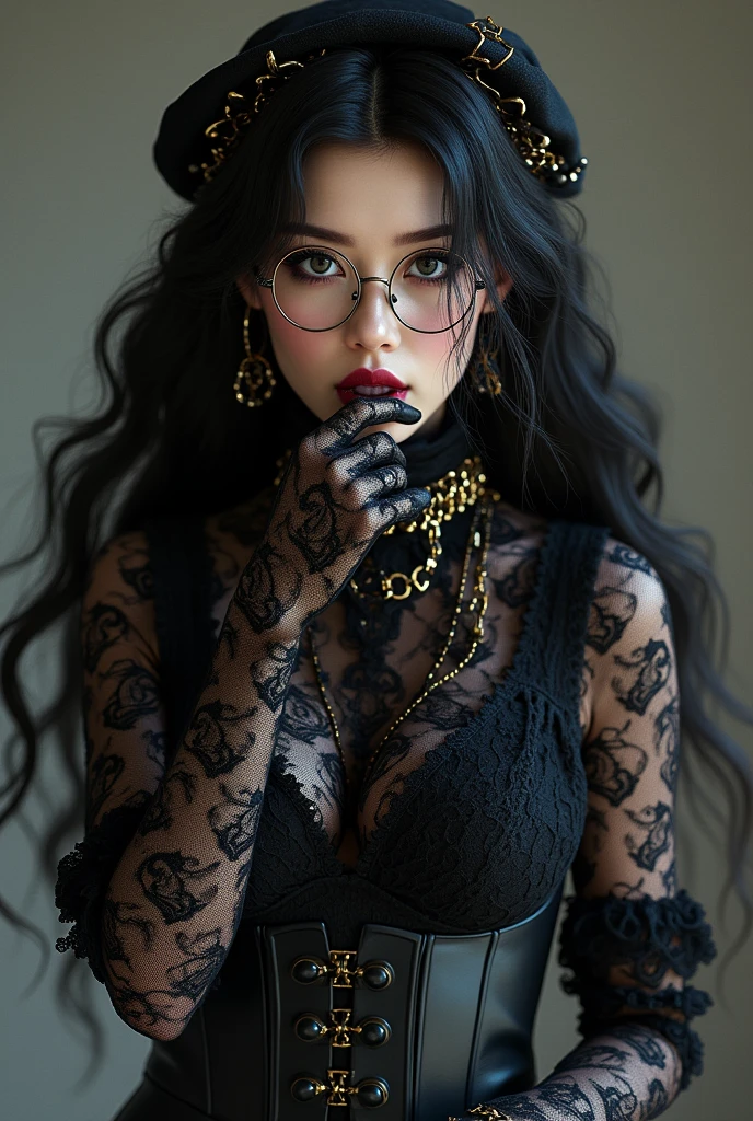 Long sleeve, high neck black lace tights、Wearing black lace gloves、Gold-rimmed glasses、Long curly black hair, heavy makeup、Purple eyeshadow for a Japanese woman in her 40s、Licking the tips of his fingers with his tongue、Black and gold chain pattern scarf、Wearing a gold bracelet