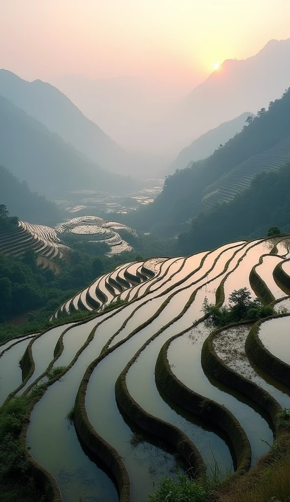 Stepped rice terraces glisten with water, reflecting the soft pastel colors of the sunrise. Mist hangs low in the valleys, and distant mountains provide a serene backdrop. Documentary style.