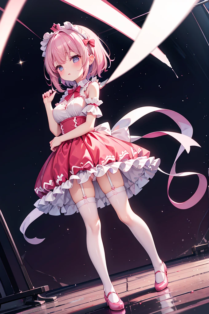 Highest quality、ruffle dress、Shiny silk pink princess dress、micro mini length skirt、Huge red bow with diamonds、Big Puff Sleep、White garter belt and over-the-knee socks、Flushed Cheeks、Embarrassed look、panic、Big Breasts、Soaked from head to toe、See-through、White string panties、No bra、A headband with a big ribbon、Standing on the stage platform、Short Hair、Low - Angle、spring breeze