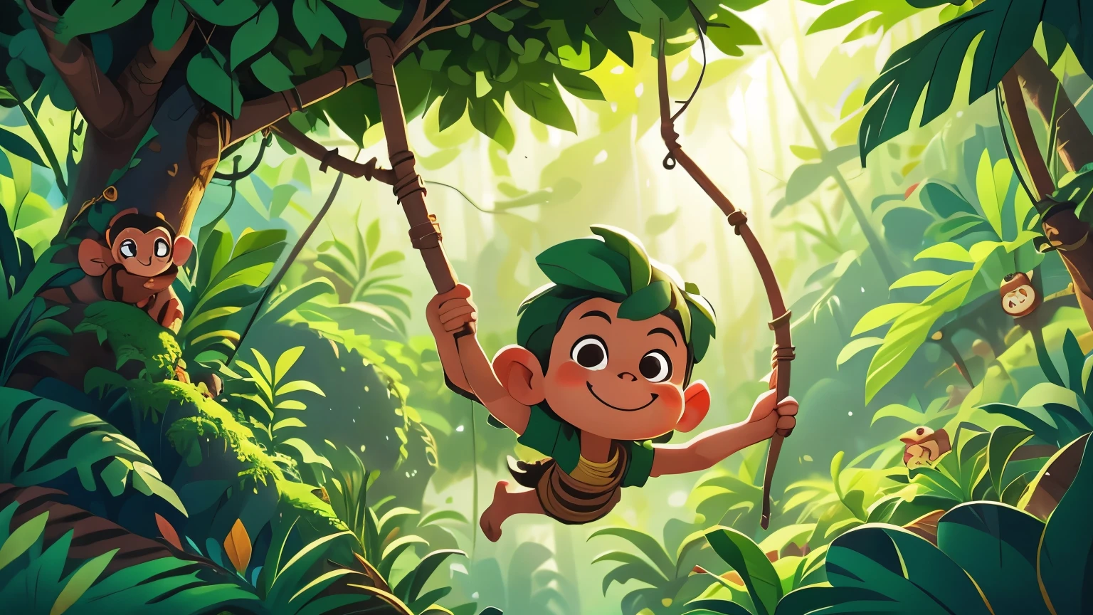 A monkey (monyet) swinging from a tree branch in a dense jungle, with a mischievous smile. Text overlay: 'M untuk monyet'. The jungle is depicted in rich greens, with the monkey adding a lively element to the scene. inspired by Goro Fujita, promotional art, illustration for children, by Choi Buk, by Murakami, 2d digital illustration