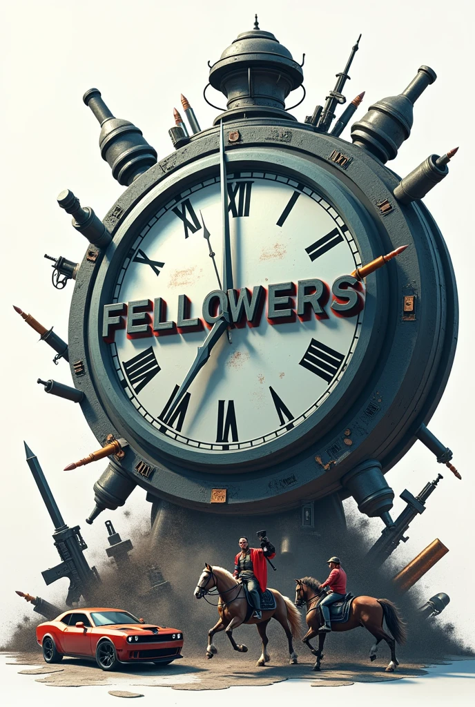 There is a title "FELLOWERS" on a very big clock on the road. Guns, swords, knifes, bikes, cars and horses are also on the road. White background with a 3d, Aesthetic, Sci-Fi poster. Some blurry bullets passing over the title "FELLOWERS".