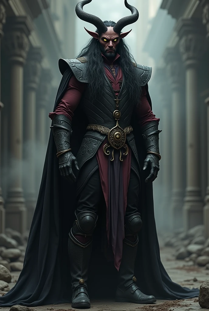 male demon tall. black horns .black long hair. dragon eyes. black long cape. wine red shirt. breastplate made of leather. black trousers. black boots