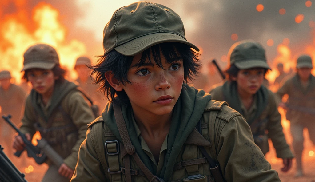 Wartime youth fighters、Wearing baseball caps、Fierce battle scenes、There are many people fighting around、Fires blazing around、Sense of presence。 Real、Real、Age 2５ years、Black hair