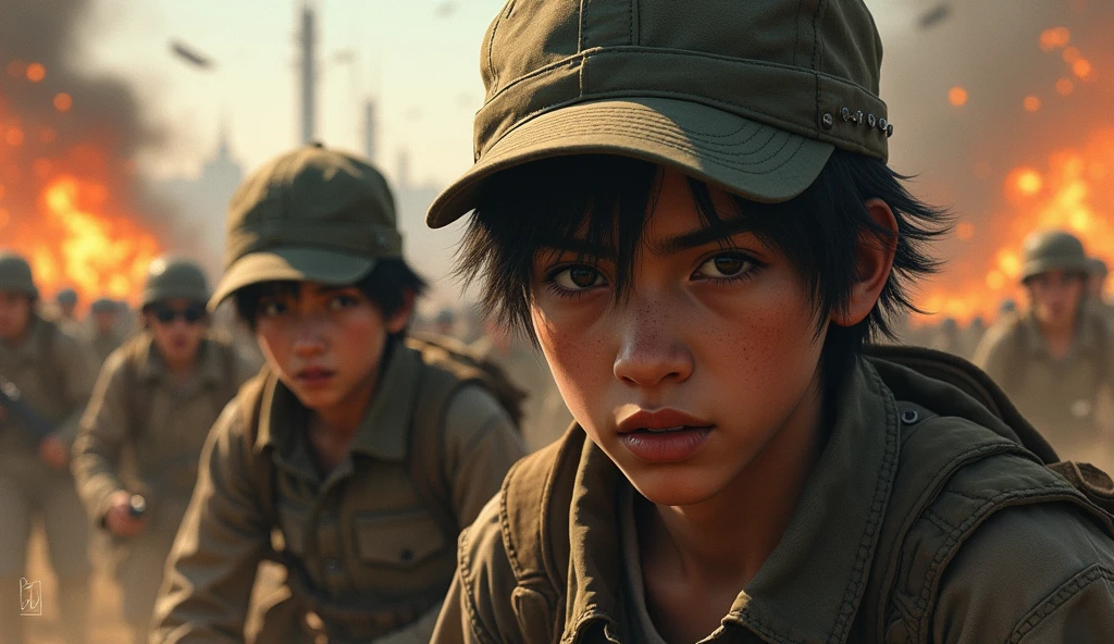 Wartime youth fighters、Wearing baseball caps、Fierce battle scenes、There are many people fighting around、Fires blazing around、Sense of presence。 Real、Real、Age 25 years、Black hair