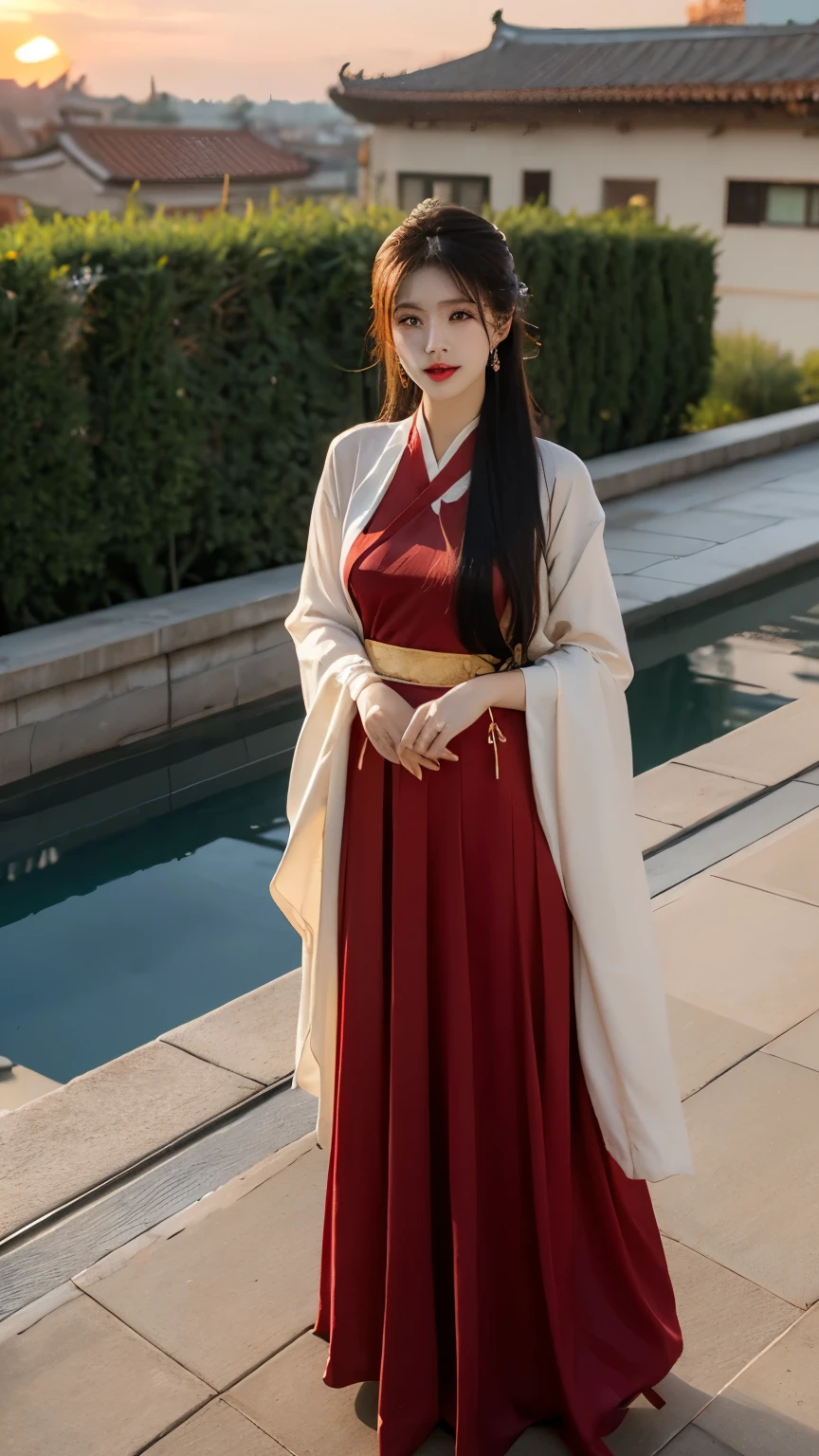 Best quality， Ultra-high resolution， Face Focus（truly：1.6），1 Girl, Beautiful Girl，，Chinese Girl, Elegant girl，Classical girl，Black hair,Hairstyle，（Medium breasts:1.4), Hanfu，魏晋Hanfu:1.1, Red clothes，Loose，panoramic，whole body，Rooftop（Depth of Field：16）,Hair forks，Hairpin，earrings，Rooftop,Red sunset,Ultra-thin face，Exquisite eyes，Double eyelids，Smile，whole body，Standing，Long legs，Classical dance moves，For the audience