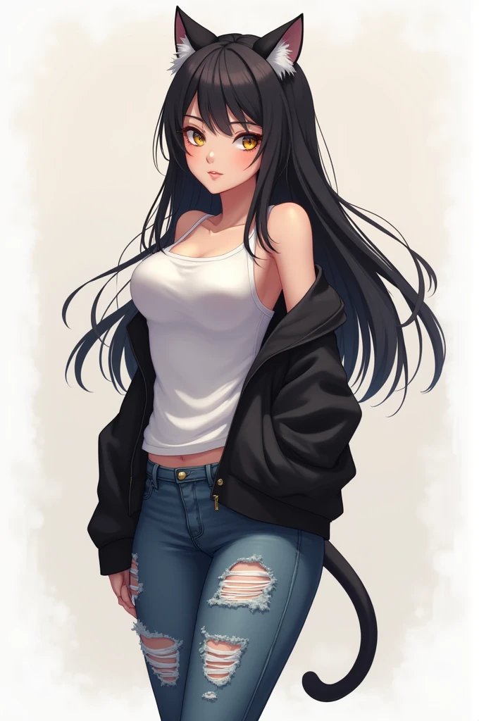 Anime girl, cat ears, tan skin, long dark hair, skinny, small breasts, thicc thighs, white shirt, black jacket, jeans ripped on the knees.