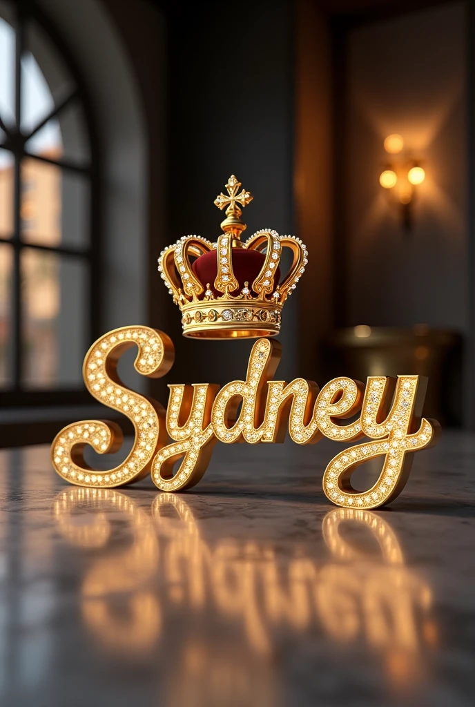 Ecrit le nom " Sydney " en or et en diamant avec une couronne au dessus et des Disagne magnifiques et un fonds ultra moderne 