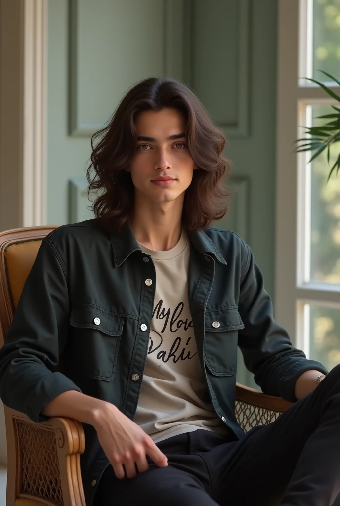 Beautiful boy 21 age with wavy long hair,with shirt with tex my love Rabi and black pant dress in this chair