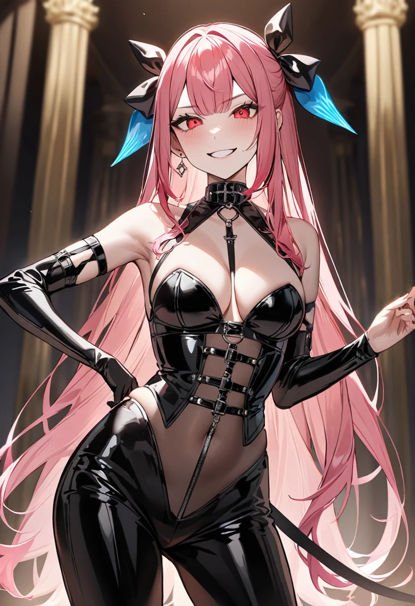 (masterpiece, top quality, very aesthetic, 4k、illustration), intricate detail, 1woman,solo,contrapposto 、Strong glowing eyes、,(upper body)、grin、(bdsm、Erotic),beautiful face、(fluorescence pink gradient hair)、multicolored hair,hair ribbon,middle hair,sidelock ,red eyes、Drug Queen、dominatrix、medium breasts、slender 、