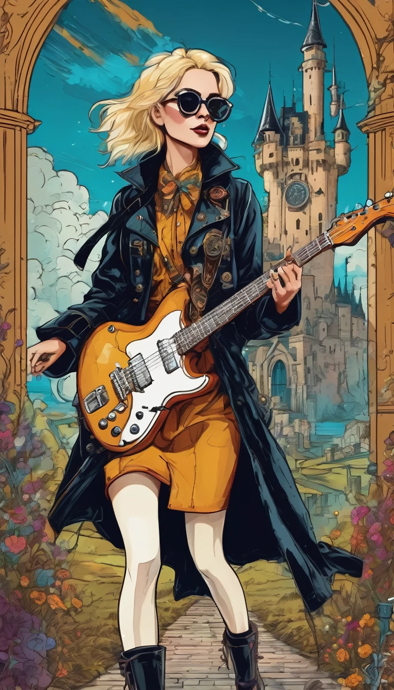 A fantasy rock blonde dressed in vintage clothes, and a raincoat , with a with an electric guitar and black glasses gives a concert against the background of a fabulous castle, steampunk humorous fantasy, hand-drawn style,electro art, digital illustration, voluminous, beautiful, saturated
