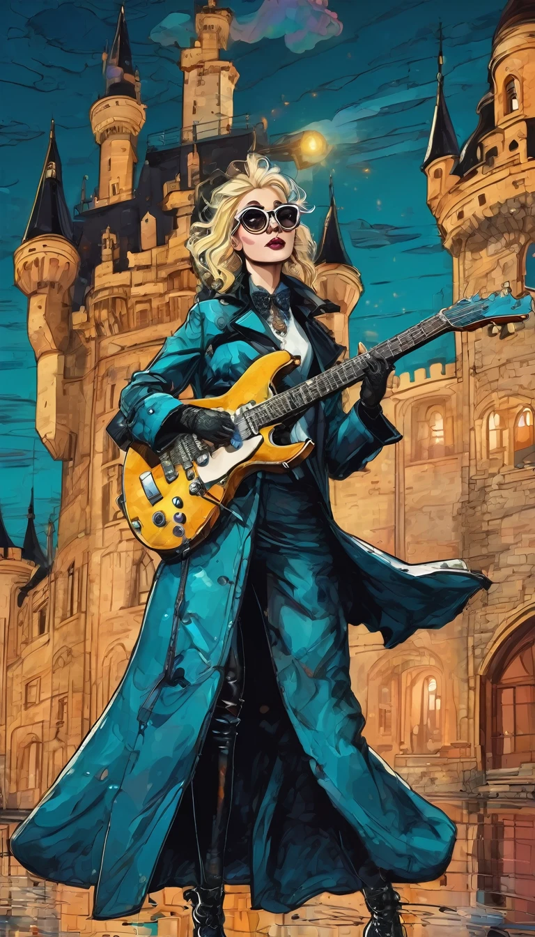 A fantasy rock blonde dressed in vintage clothes, and a raincoat , with a with an electric guitar and black glasses gives a concert against the background of a fabulous castle, steampunk humorous fantasy, hand-drawn style,electro art, digital illustration, voluminous, beautiful, saturated