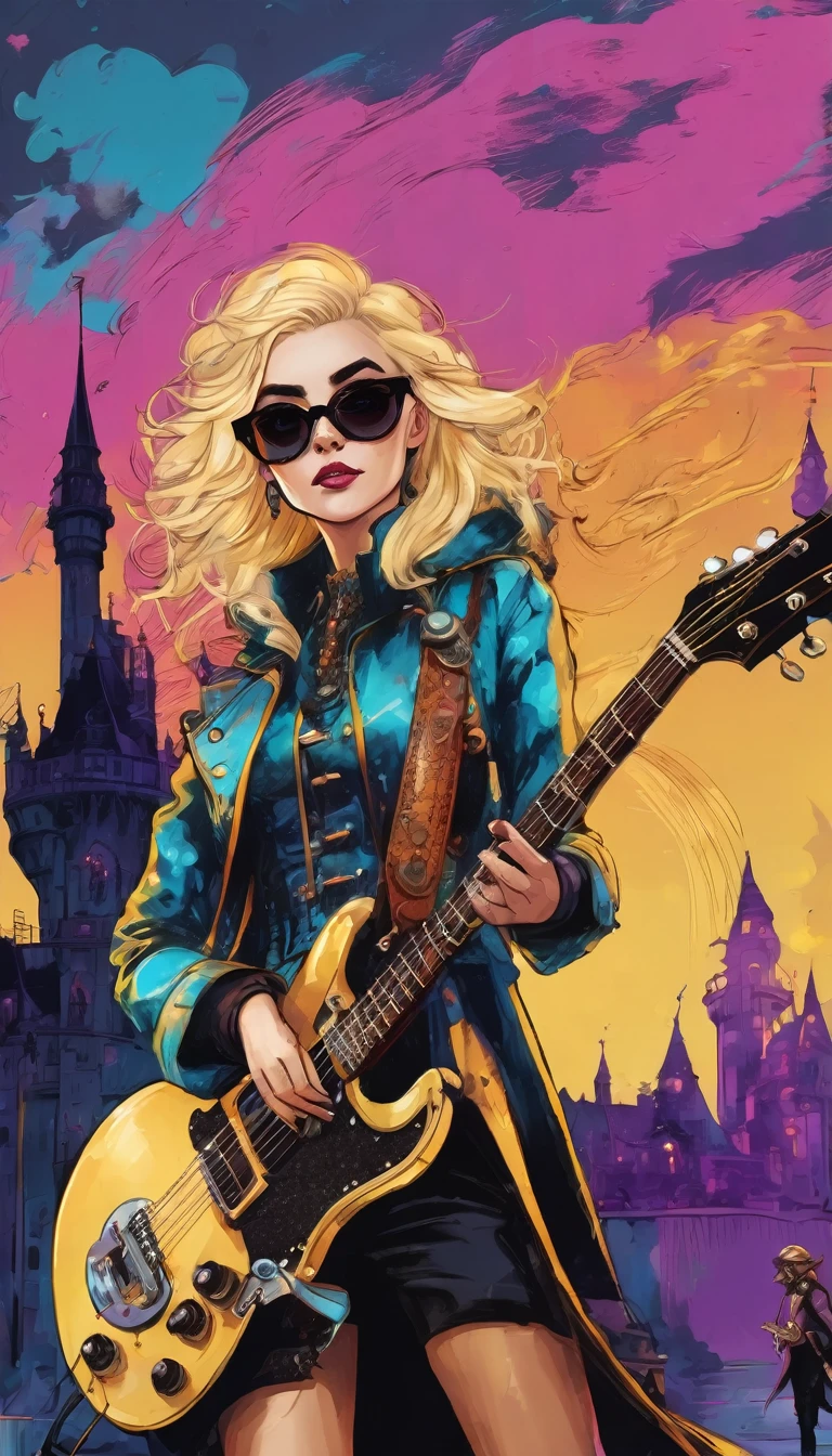 A fantasy rock blonde dressed in vintage clothes, and a raincoat , with a with an electric guitar and black glasses gives a concert against the background of a fabulous castle, steampunk humorous fantasy, hand-drawn style,electro art, digital illustration, voluminous, beautiful, saturated