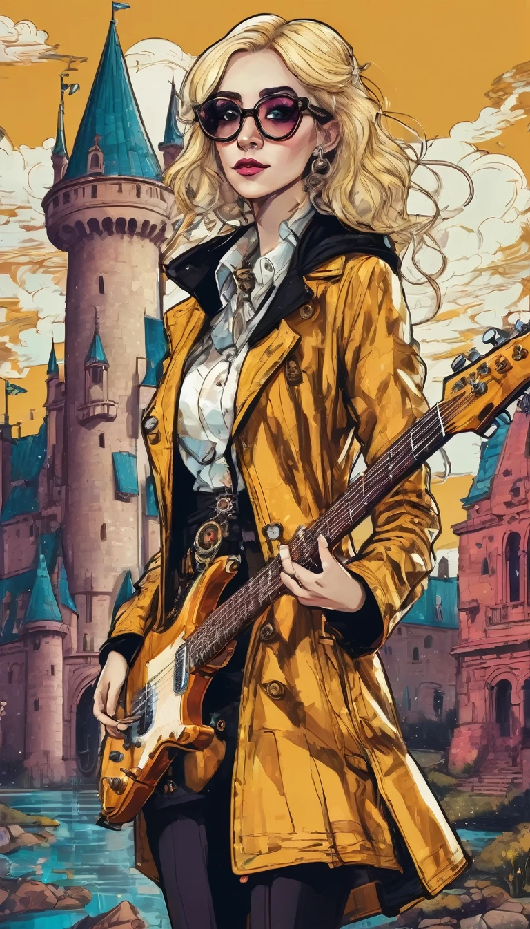 A fantasy rock blonde dressed in vintage clothes, and a raincoat , with a with an electric guitar and black glasses gives a concert against the background of a fabulous castle, steampunk humorous fantasy, hand-drawn style,electro art, digital illustration, voluminous, beautiful, saturated