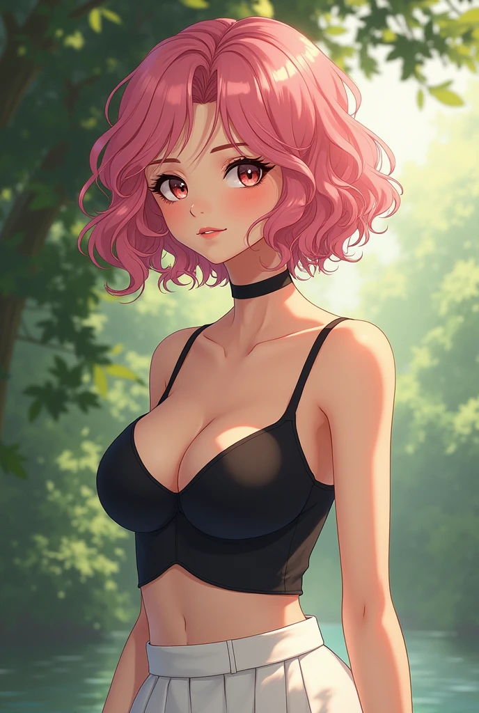 une jolie fille, with pink curly hair in a bob cut with sakura haruno hairstyle, vêtue d'une jupe blanche et un soutient léger noir, with sexy boobs. La couleure de peau est métissé à 25%