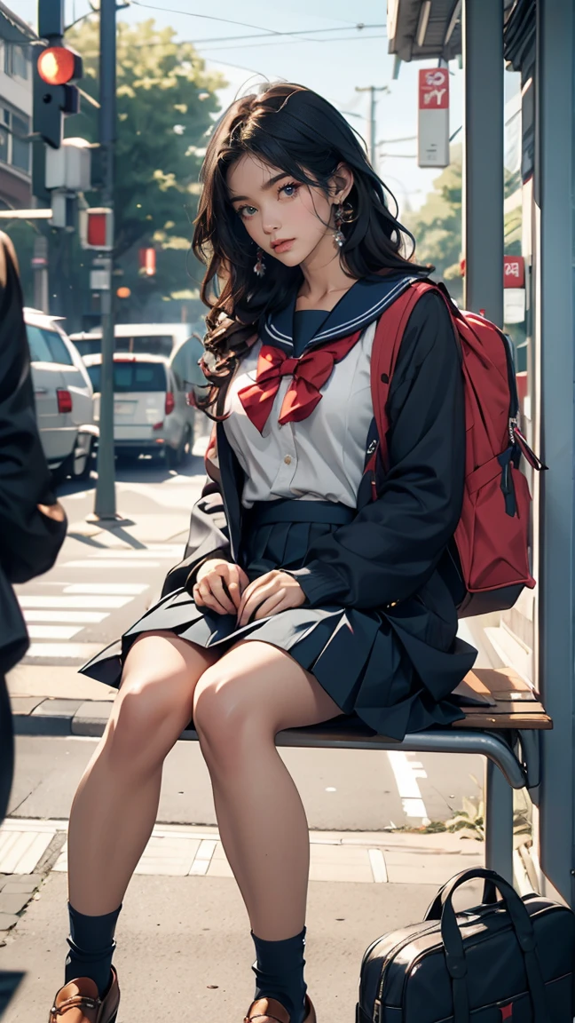 Japanese 、Sailor suit、Navy blue mini pleated skirt、loafers、school bag、Sitting on a chair with a classmate of the same sex in the bus stop waiting room, waiting for the bus、One Summer Day