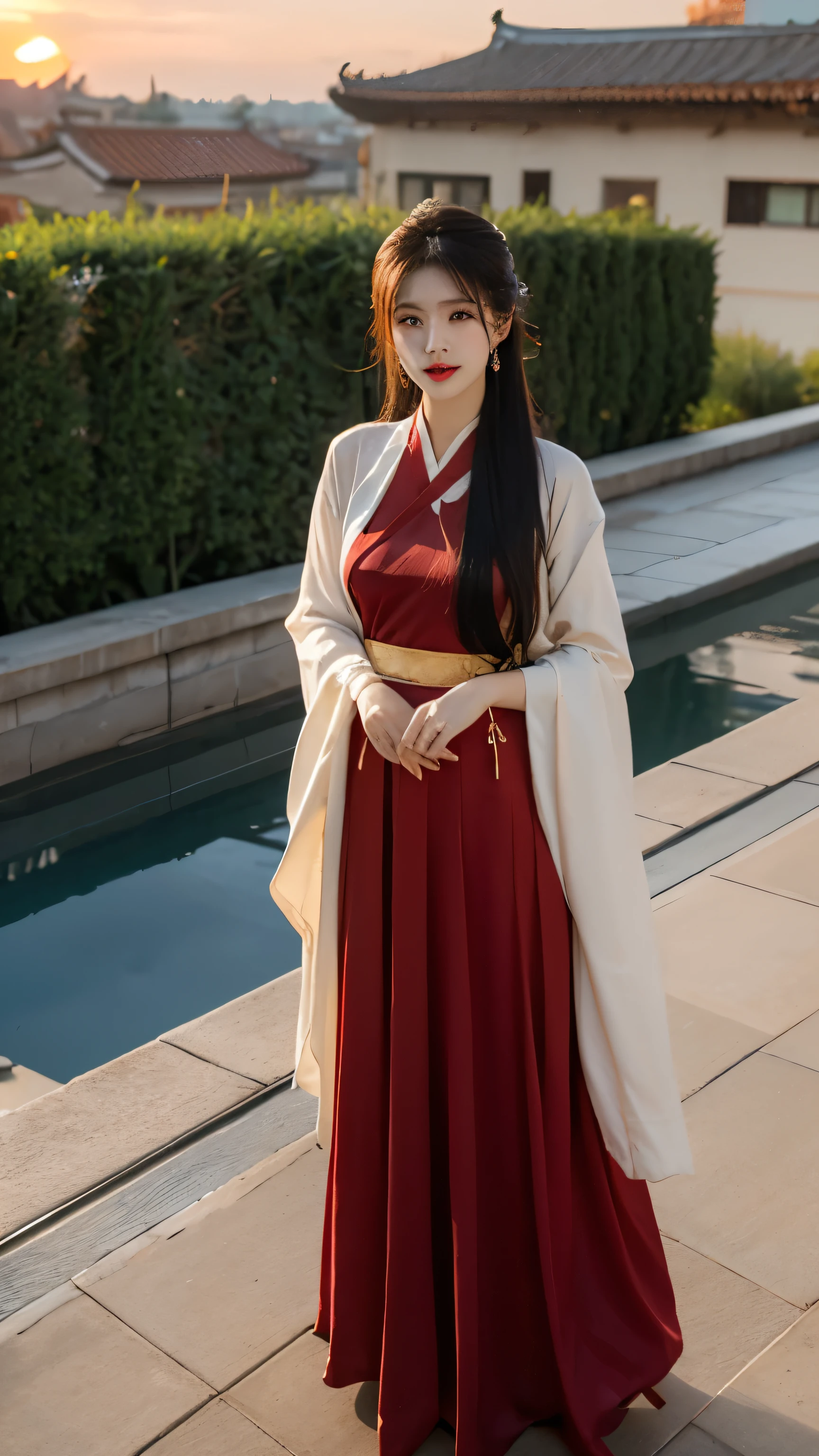 Best quality， Ultra-high resolution， Face Focus（truly：1.6），1 Girl, Beautiful Girl，，Chinese Girl, elegant girl，Classical girl，Black hair,Hairstyle，（Medium breasts:1.4), Hanfu，Wei and Jin Dynasty:1.1, Red clothes，Loose，panoramic，whole body，Rooftop（Depth of Field：16）,Hair forks，Hairpin，earrings，Rooftop,Red sunset,Ultra-thin face，Exquisite eyes，Double eyelids，Smile，whole body，Standing，Long legs，Classical dance moves，For the audience