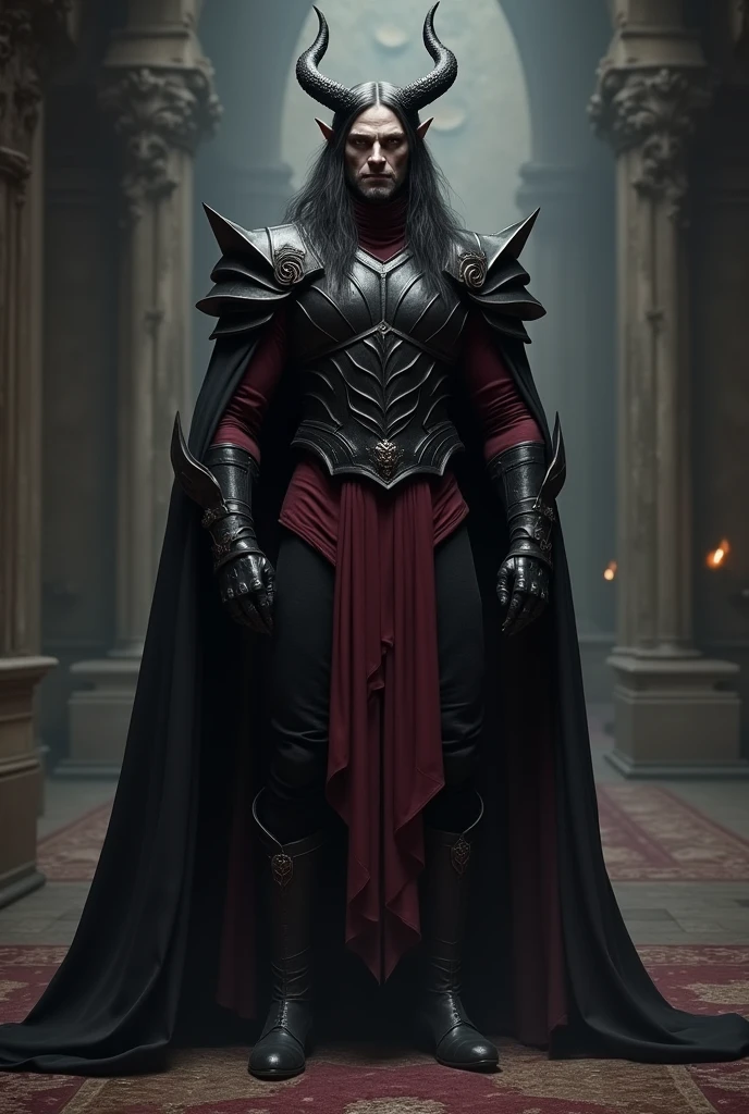male demon tall. black horns .black long hair. dragon eyes. black long cape. wine red shirt. breastplate made of leather. black trousers. black boots