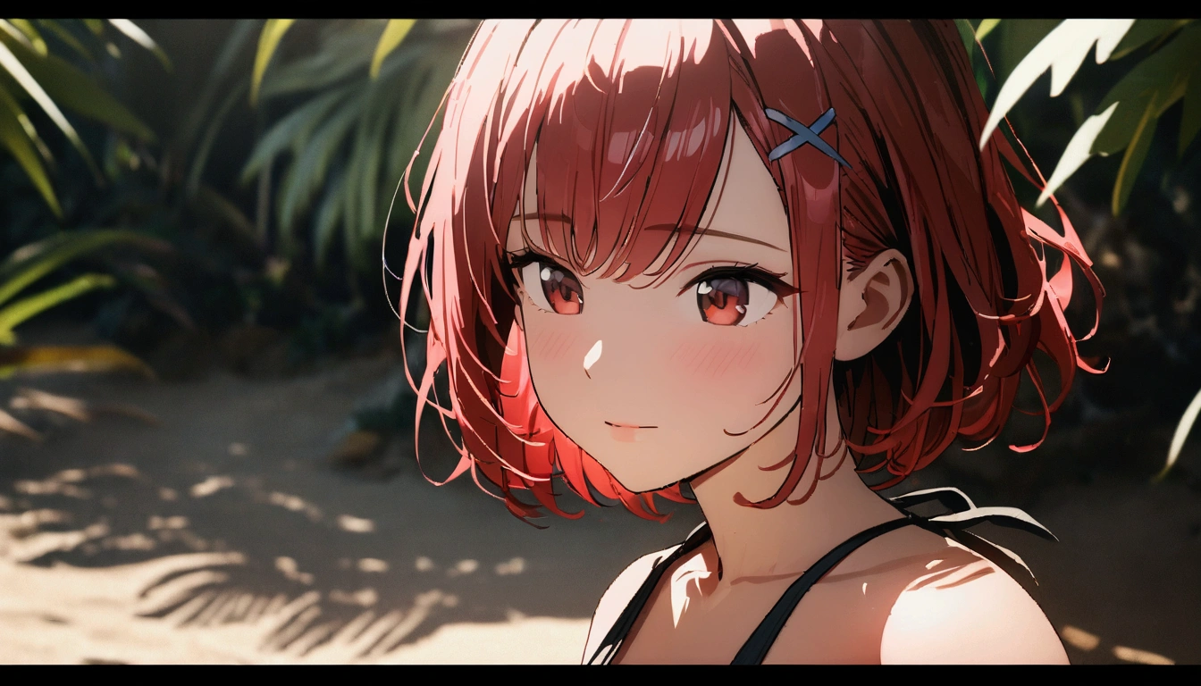 short hair, (Red hair:1.2), x Hair ornament, Red eyes,One person,Swimwear, Highest quality, masterpiece, High resolution,常summer、summer、Beach、noon、playing、highest quality, skin texture, intricate details, (cinematic lighting), RAW photo, 8k ,high definition detail,