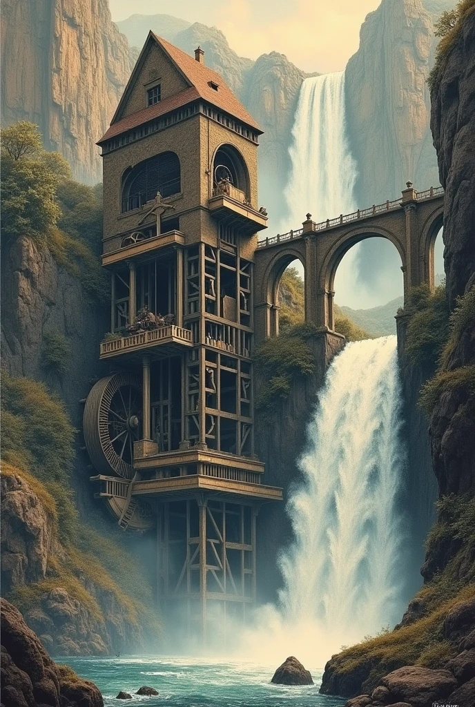 Super detail lithograph artwork. It shows a perpetual motion machine where water from the base of a waterfall appears to run downhill along the water path before reaching the top of the waterfall.The image depicts a watermill with an elevated aqueduct and waterwheel as the main feature. The aqueduct begins at the waterwheel and flows behind it. The walls of the aqueduct step downward, suggesting that it slopes downhill. The aqueduct turns sharply three times, first to the left, then to the right, and finally to the left again. The viewer looks down at the scene diagonally, which means that from the viewer's perspective the aqueduct appears to be slanted upward. The viewer is also looking across the scene diagonally from the lower right, which means that from the viewer's perspective the two left-hand turns are directly in line with each other, while the waterwheel, the forward turn and the end of the aqueduct are all in line. The second left-hand turn is supported by pillars from the first, while the other two corners are supported by a tower of pillars that begins at the waterwheel. The water falls off the edge of the aqueduct and over the waterwheel in an impossible infinite cycle.