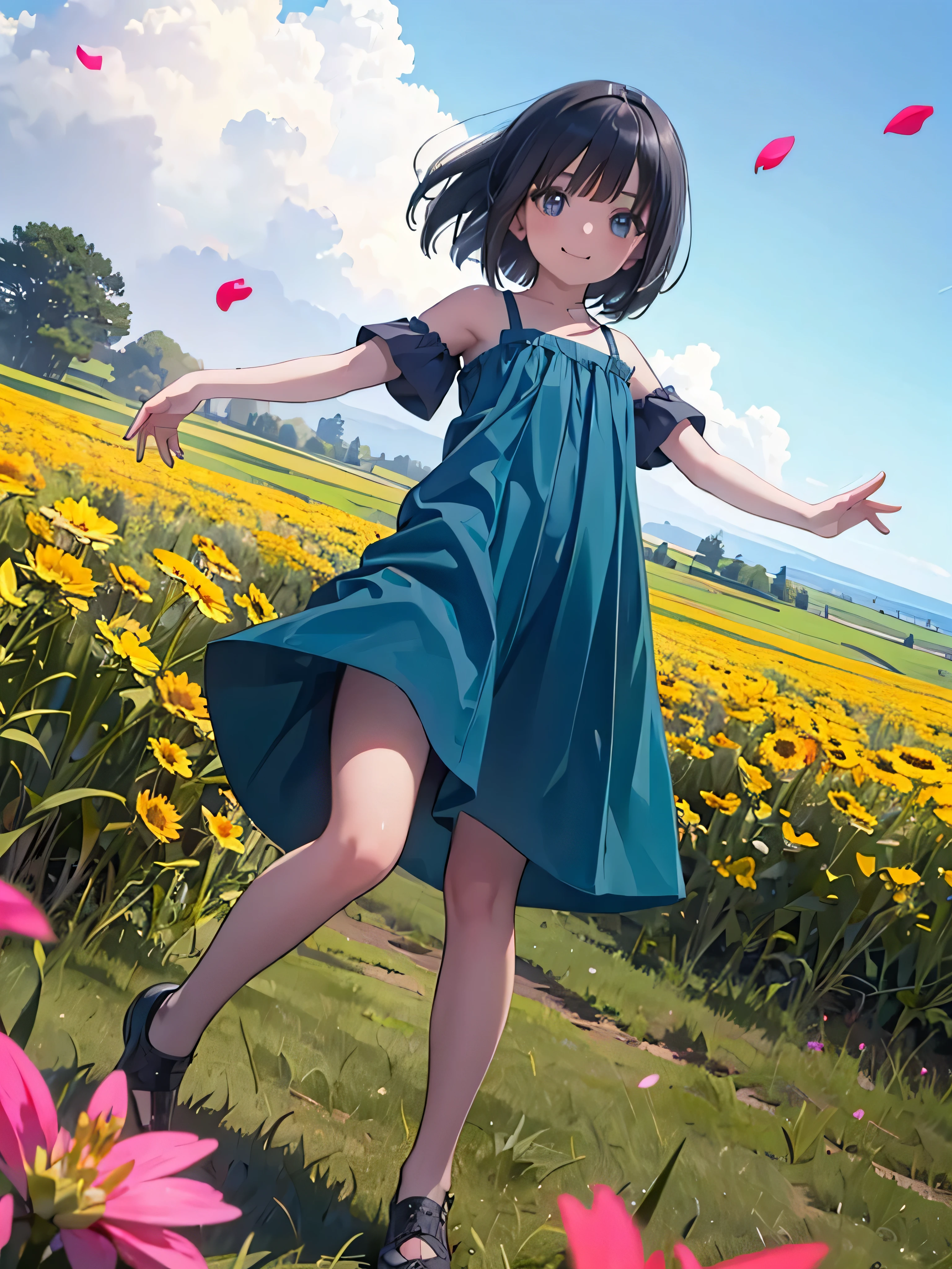 Official Art, wallpaper, Very detailed, (((Very detailed))), Realistic portraits, (high quality, masterpiece, High resolution), 8K  UHD, high quality, There is a woman, surrounded by colorful flowers, Flower Field, female portrait, Beautiful young dark-haired woman, 4K, 8k, Background Blur, smileld, Bob Cut Hair, Angle from below, Dynamic, Wide angle, Aperture value F1.2, Anatomically correct, Background blur, low angle , Full body photo, short stature , The wind is blowing, Dancing petals, horizon, dance, Bouncing, Western, prairie, open field, beautiful sunny day, blue sky, Raise one leg