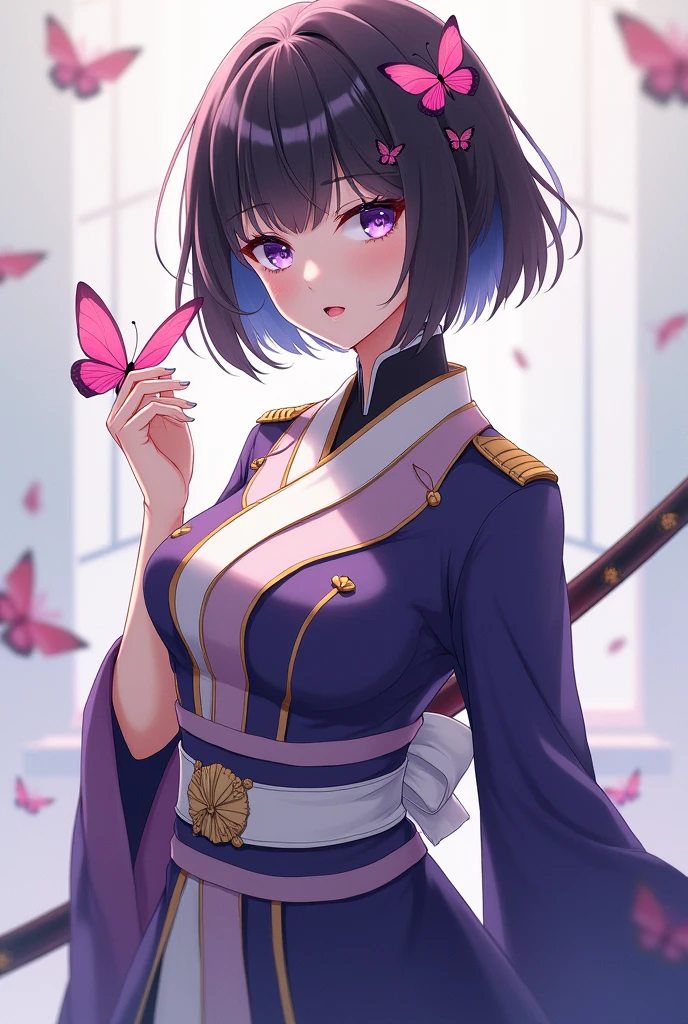 1girl,belt,belt_buckle,black_hair,breasts,buckle,bug,butterfly,butterfly_hair_ornament,butterfly_on_hand,buttons,closed_mouth,dated,demon_slayer_uniform,hair_ornament,haori,japanese_clothes,katana,long_sleeves,looking_at_viewer,medium_breasts,pink_butterfly,pink_lips,purple_eyes,short_hair,smile,solo,sword,weapon,white_belt,wide_sleeves,, random pose, 8K raw photo, Best quality, masterpiece, ultra high res, looking at viewer shinobu kocho
