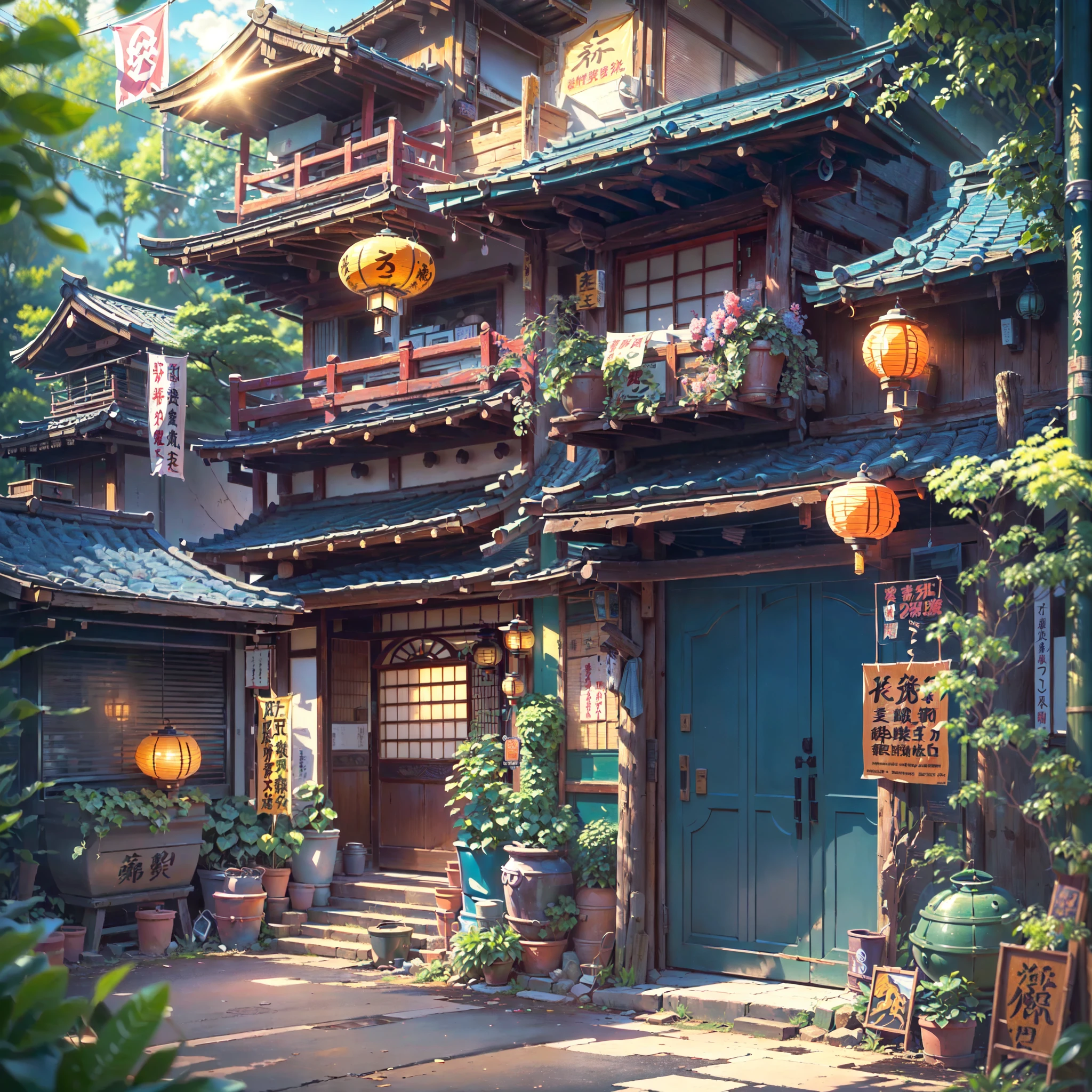 ((score_9, score_8_up, score_7_up, score_6_up)), ((rural japanese street corner: 1.3)), japanese architecture, ((torri gate arching over street: 1.2)), detailed anime artwork, anime scene, ((bright blue sky: 1.0)), extra detailed, very detailed, ((vibrant banners with japanese text: 1.2)), ((glass windows: 1.1)), ((big plant pots: 1.1)), ((japanese lanterns: 1.1)), ((wooden doors: 1.1)), metal trash can, anime style, anime, lofi, lofi vibe, sparkle, cinematic lighting, god rays, glowing light, ((best quality:1.5)), ((masterpiece:1.5)), ((highly detailed:1.3)), ((anime aesthetic:1.2)), ((no one: 1.2)), ((no people: 1.2))
