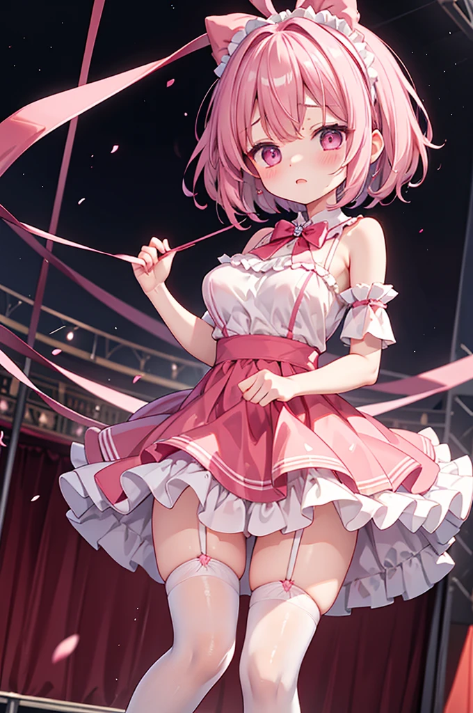 Highest quality、ruffle dress、Shiny silk pink princess dress、micro mini length skirt、Huge red bow with diamonds、Big Puff Sleep、White garter belt and over-the-knee socks、Flushed Cheeks、Embarrassed look、panic、Big Breasts、Soaked from head to toe、See-through、White string panties、No bra、A headband with a big ribbon、Standing on the stage platform、Short Hair、Low - Angle、spring breeze