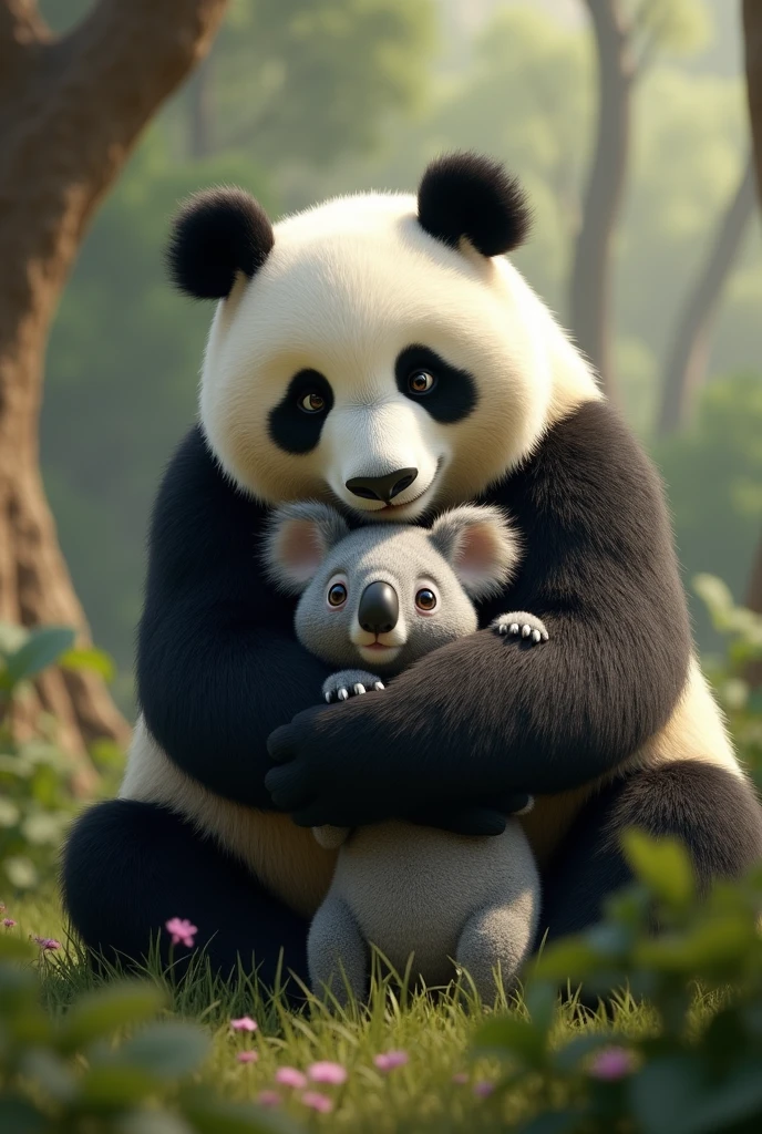 A panda hugging a koala