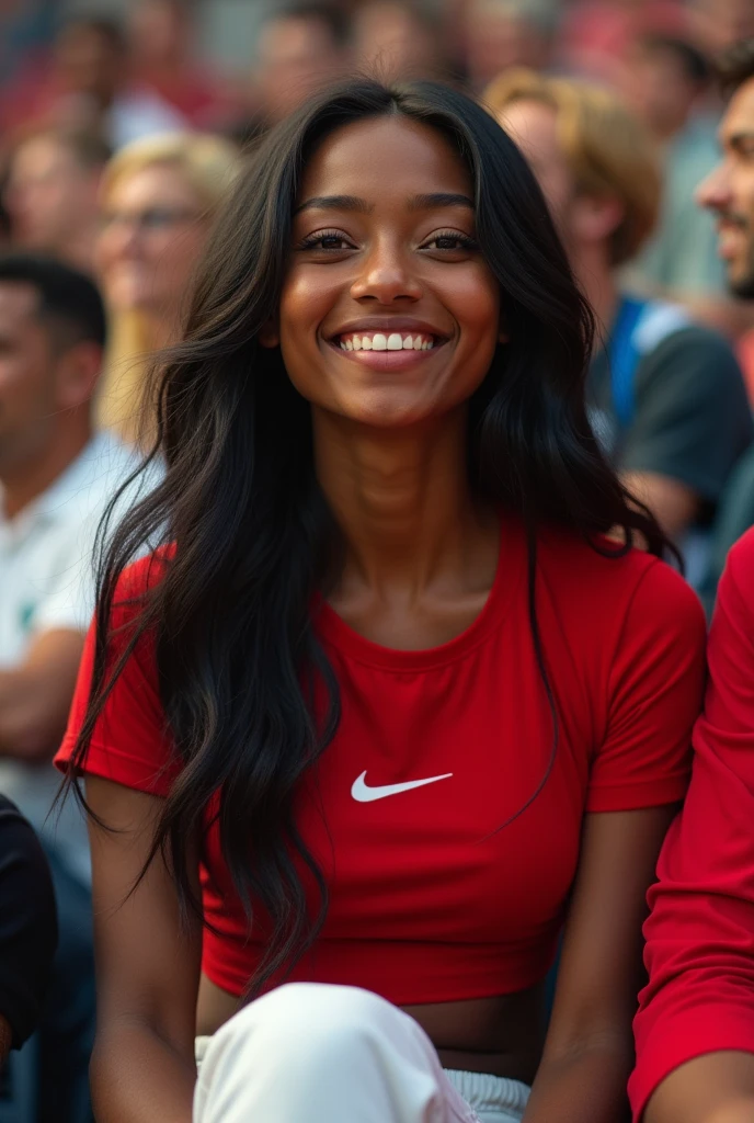 hyper realistic portrait of skai Jackson, 19 years old, with long flowing black hair and brown eyes. She should have a natural, approachable expression and be lit by soft, golden light, canon eos r5, raw format, cheering at the olympics, sitting in crowd, red crop top, white pants