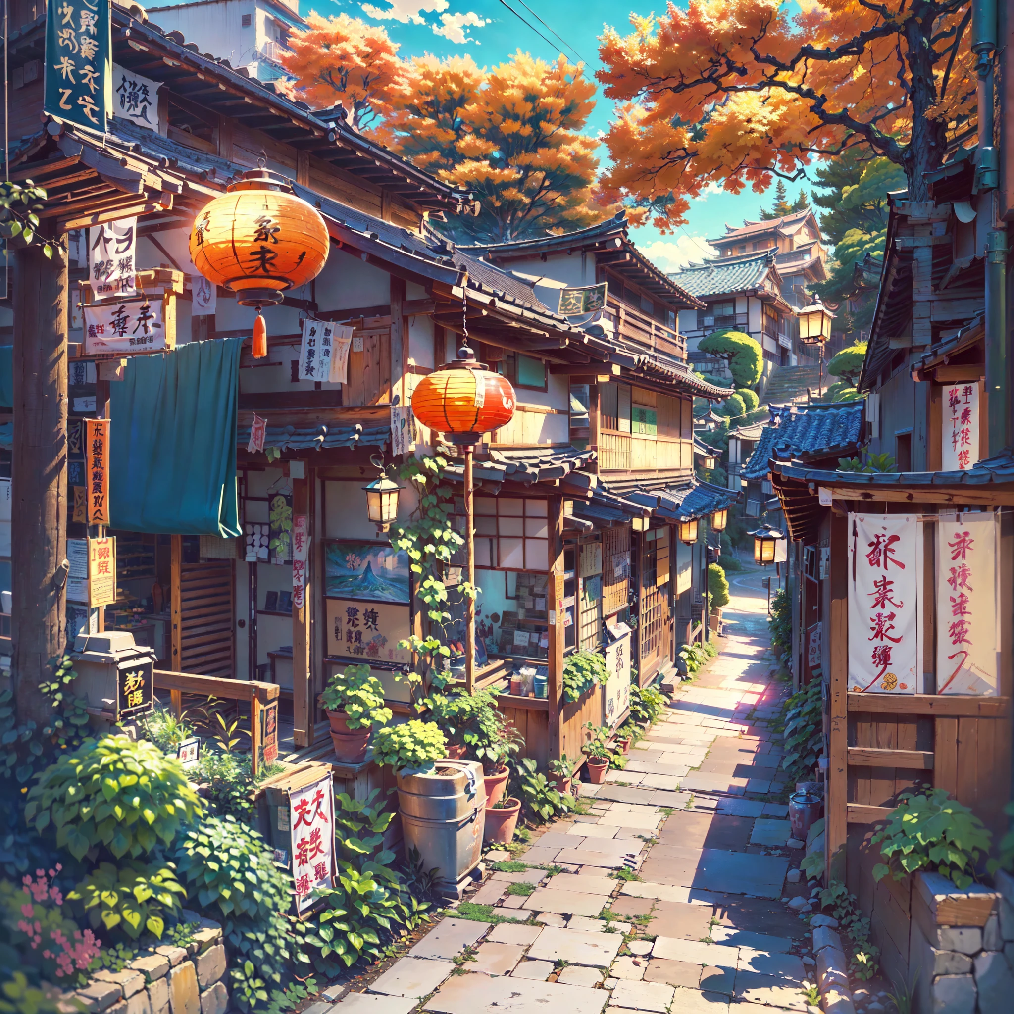 ((score_9, score_8_up, score_7_up, score_6_up)), ((rural japanese street corner: 1.3)), japanese architecture, ((torri gate arching over street: 1.2)), detailed anime artwork, anime scene, ((bright blue sky: 1.0)), extra detailed, very detailed, ((vibrant banners with japanese text: 1.2)), ((glass windows: 1.1)), ((big plant pots: 1.1)), ((japanese lanterns: 1.1)), ((wooden doors: 1.1)), metal trash can, anime style, anime, lofi, lofi vibe, sparkle, cinematic lighting, god rays, glowing light, ((best quality:1.5)), ((masterpiece:1.5)), ((highly detailed:1.3)), ((anime aesthetic:1.2)), ((no one: 1.2)), ((no people: 1.2))