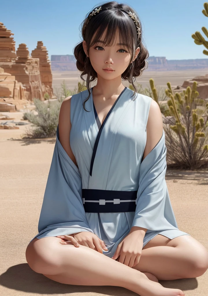 (Jedi meditation:1.3), serene photo,1girl, Jedi master in deep meditation,  in jedioutfit, sitting cross-legged,  (desert oasis:1.1), surrounded by blooming desert flowers, harmonizing with the Force, spiritual retreat, transcendent tranquility, desert enlightenment,  Absurdres, hdr, ultra detailed illustration, extremely detailed face, RAW photo, film grain, skin pores, trending on deviantart 